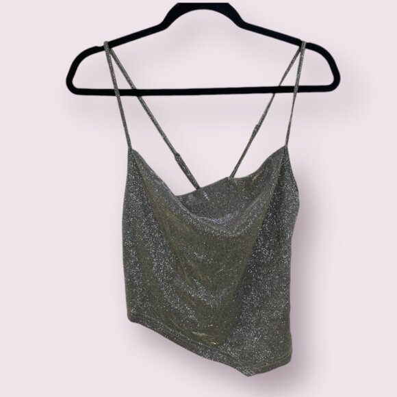 ⭐Curve Draped Crisscross Asymmetrical Trendy Chic Party Crop Shimmer Glitter Top - Picture 1 of 7